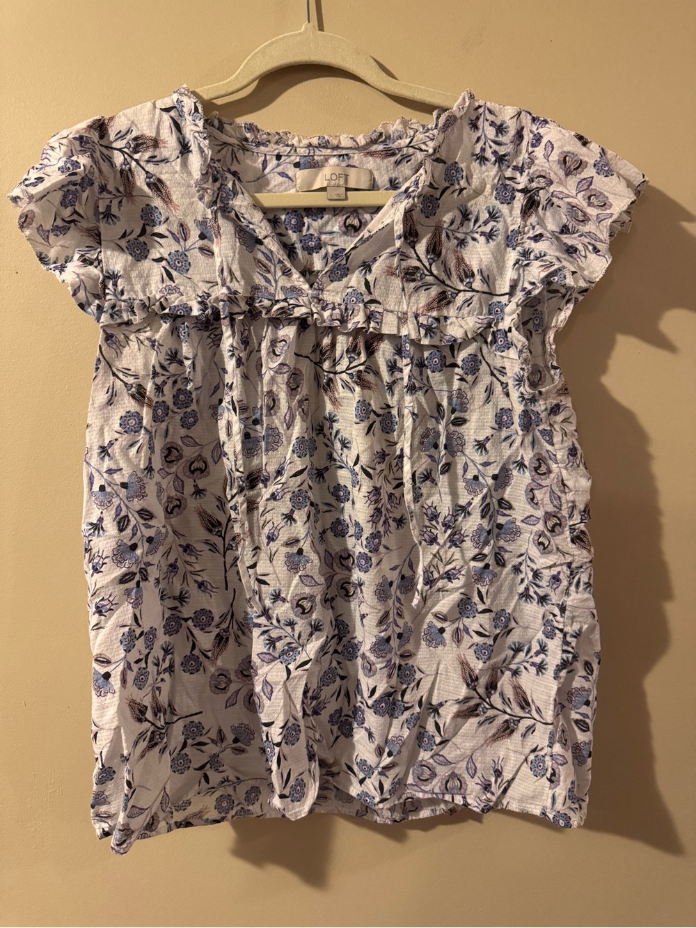 LOFT White and Blue Floral Ruffle Blouse - size large